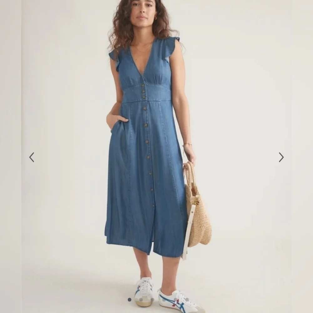 Marine Layer Camila Button Front Midi Dress Womens XL Blue Ruffle Sleeve Coastal